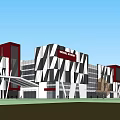 Modern Commercial Complex With Black And White Striped Exterior And YUAN Signage In Urban Area