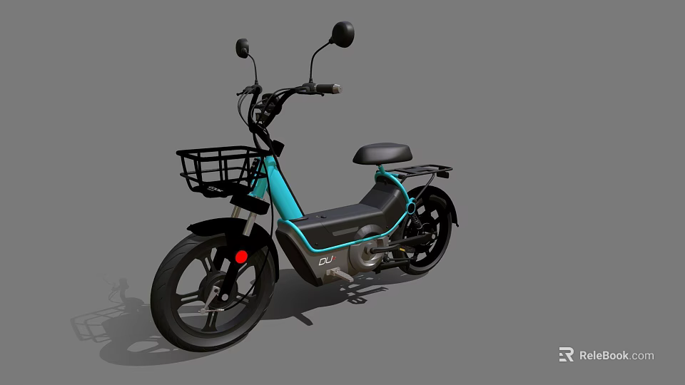 Turquoise and Black Electric Bicycle With Front Basket Black Seat And Rearview Mirrors 3d model 