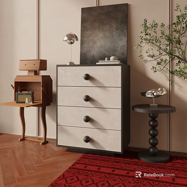 Modern Wooden 4 Drawer Dresser With Light Drawers Dark Frame Lamp Books And Indoor Plant 3d model 