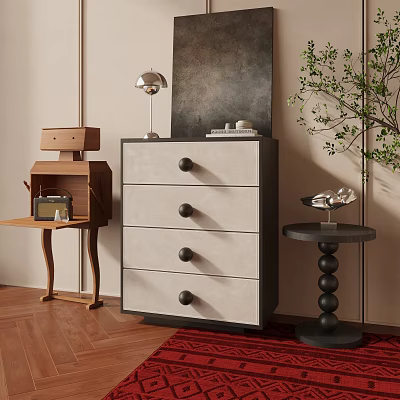Modern Wooden 4 Drawer Dresser With Light Drawers Dark Frame Lamp Books And Indoor Plant 3d model