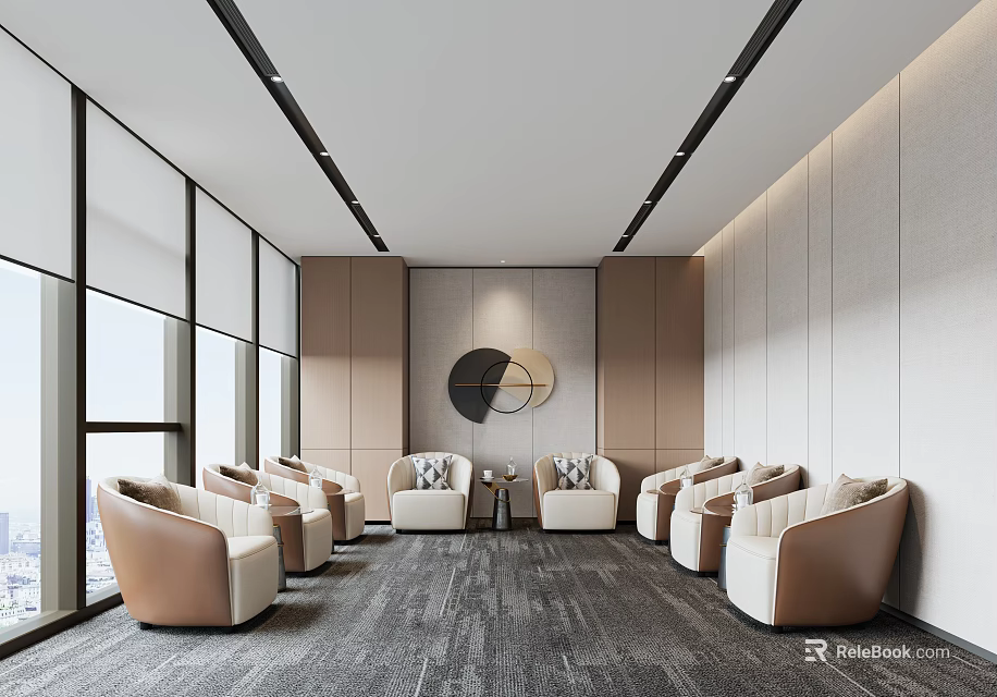 Modern Waiting Area With Large Windows Light Brown Sofas And Circular Decor 3d model 