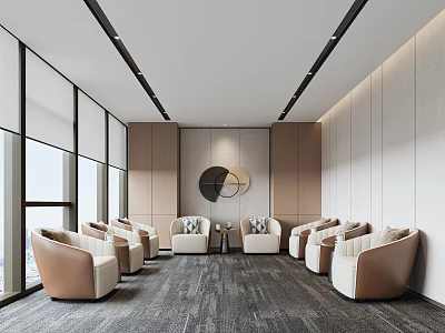 Modern Waiting Area With Large Windows Light Brown Sofas And Circular Decor 3d model