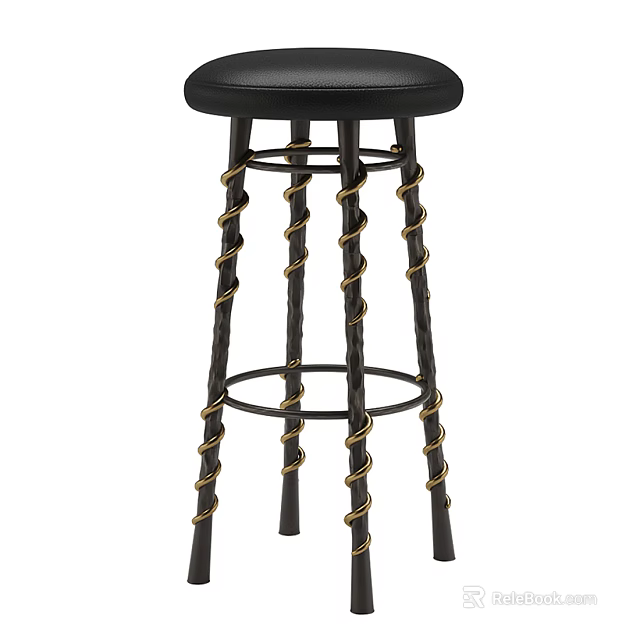 Modern Black Bar Stool With Twisted Metal Legs And Gold Accent Details 3d model 