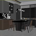 Modern Restaurant Featuring Dark Cabinets Marble Counter Dining Table Chairs Pendant Lights Windows And Blinds