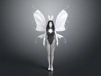 Female Character In Black Bodysuit With White Decorative Butterfly Wings 3D Render Gray Background 3d model