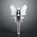 Female Character In Black Bodysuit With White Decorative Butterfly Wings 3D Render Gray Background