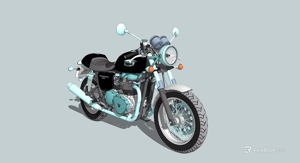 Vintage Teal and Black Motorcycle with Round Headlight Black Seat and Chrome Details 3d model 