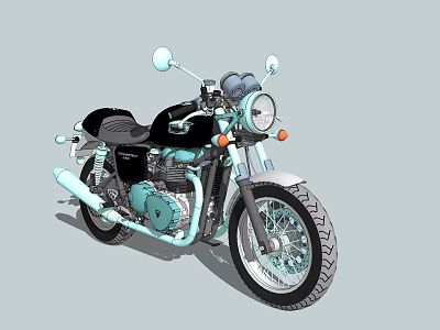 Vintage Teal and Black Motorcycle with Round Headlight Black Seat and Chrome Details 3d model