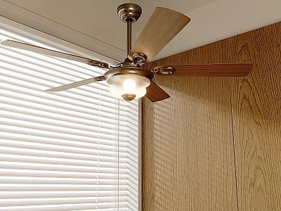 Classic Ceiling Fan Light With Wooden Blades And Window Blinds In Room Interior 3d model