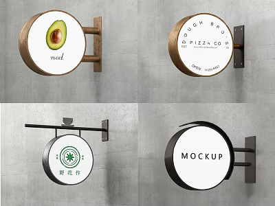 Circular Hanging Roadside Business Signs With Design Elements And Text 3d model