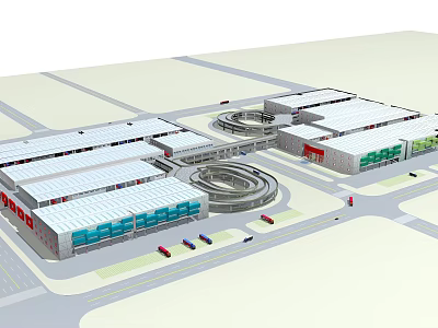 Industrial Factory Complex With Multiple Buildings Rooftop Structure Parking Area And Surrounding Roadways 3d model