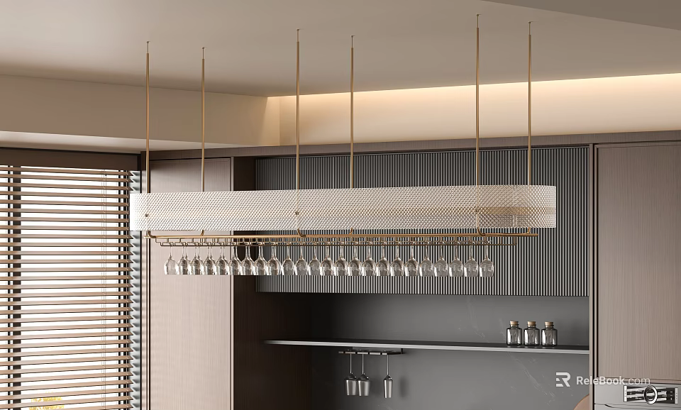 Modern Gold Frame Crystal Chandelier With Hanging Wine Glasses In Kitchen Bar 3d model 