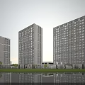 Modern High Rise Hotel Buildings With Glass Facade And Waterfront Greenery