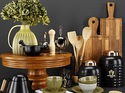 Modern Kitchen Utensils Including Wooden Spoons Cutting Boards Mortar And Storage Jars 3d model