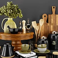 Modern Kitchen Utensils Including Wooden Spoons Cutting Boards Mortar And Storage Jars