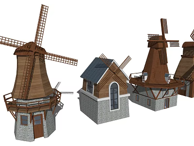 Classic Windmill Building Components With Wooden Blades Stone Base And Windows 3d model