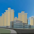 Multiple High Rise Residential Buildings With Beige Exterior White Top And Glass Curtain Wall Front