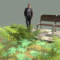 Outdoor Public Bench Surrounded by Green Plants and Ferns on Stone Pavement