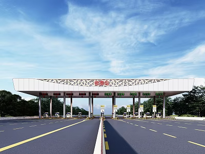 Highway Toll Station With Multiple ETC Lanes And Road Under Clear Sky 3d model