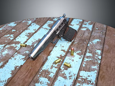 Vintage Silver Gun Lying on Wooden Table With Peeling Paint and Bullets 3d model