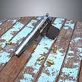 Vintage Silver Gun Lying on Wooden Table With Peeling Paint and Bullets
