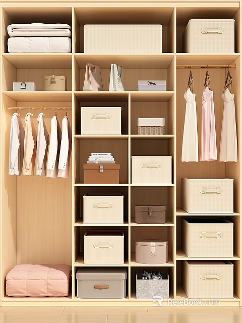 Organized Wooden Wardrobe With Hanging Shirts Dresses Storage Boxes And Shelves 3d model 