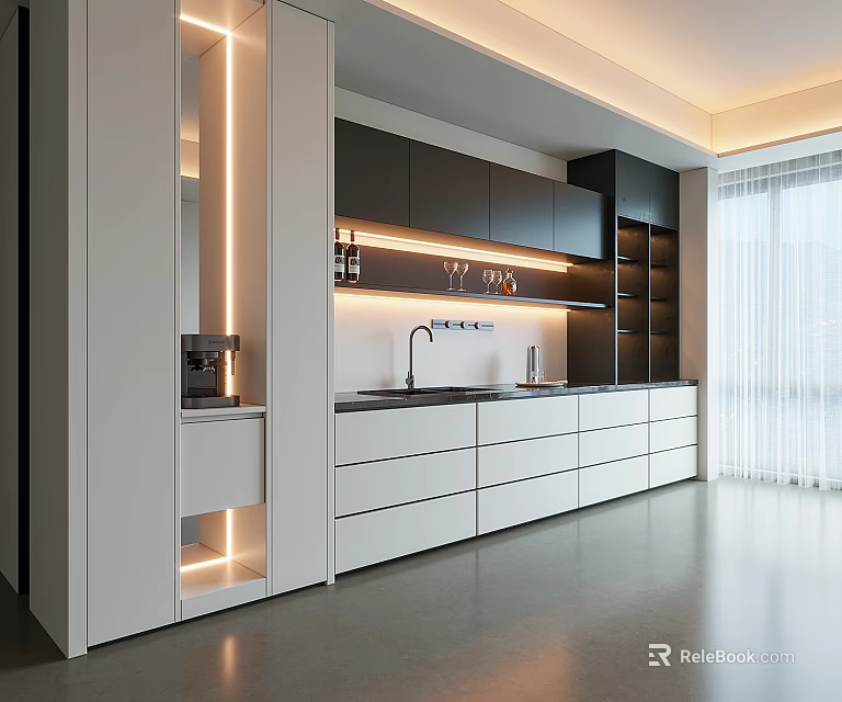 Modern Sideboard With White And Dark Cabinets LED Lighting Sink And Coffee Machine 3d model 