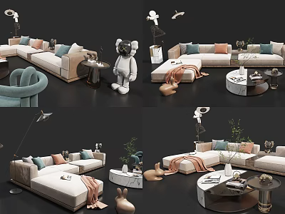 Elegant Modern Sofa and Coffee Table Set With Decorative Pillows Green Plants And Artwork 3d model