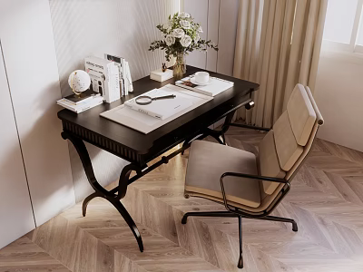 Modern Home Desk With Globe Books Flower Vase And Beige Chair On Herringbone Wooden Floor 3d model