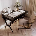 Modern Home Desk With Globe Books Flower Vase And Beige Chair On Herringbone Wooden Floor
