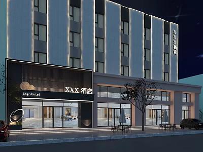 Modern Multi Story Hotel Building Exterior With Glass Doors Outdoor Seating And Trees At Night 3d model