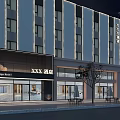 Modern Multi Story Hotel Building Exterior With Glass Doors Outdoor Seating And Trees At Night
