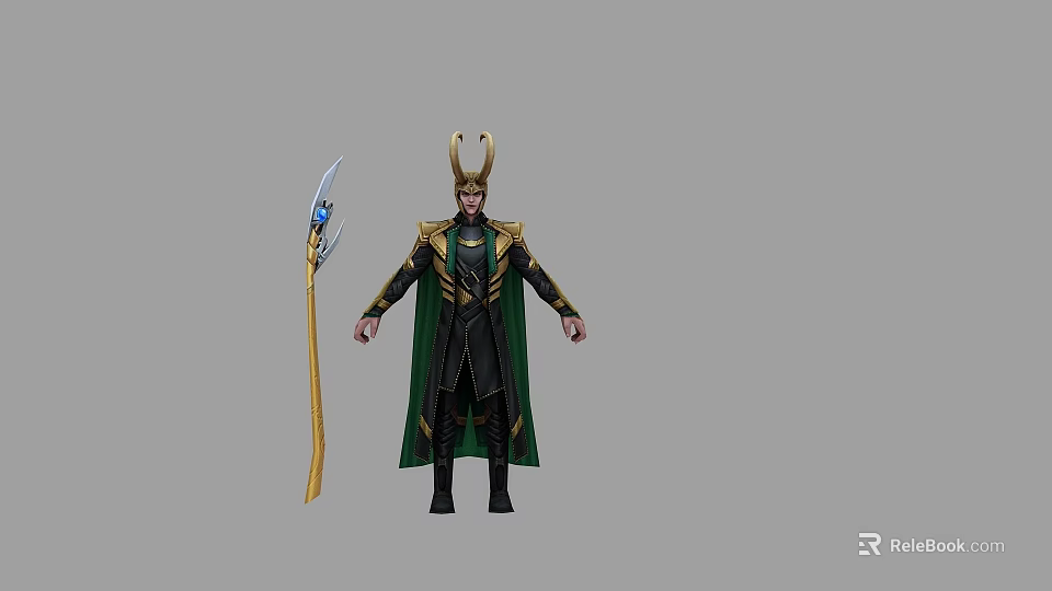Game and Movie Character Loki in Horned Helmet Green Cape Black Gold Outfit With Scepter 3d model 
