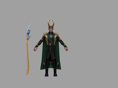Game and Movie Character Loki in Horned Helmet Green Cape Black Gold Outfit With Scepter 3d model