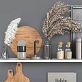 Modern Kitchen Shelves With Wooden Cutting Boards Glass Jars Metal Containers And Ceramic Bowls
