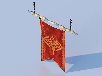 Hanging Red Decorative Banner With Golden Emblem On Wooden Pole 3d model