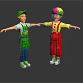 Animated Boy With Green Cap And Clown With Colorful Hair In Overalls Stretching Arms