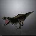 Realistic T-Rex Dinosaur With Open Mouth And Brown Black Striped Body Standing On Gray Background