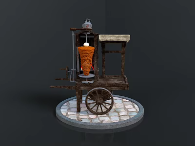 Traditional Wooden Kebab Cart With Rotating Skewer Wheel And Stone Tile Base 3d model