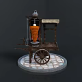 Traditional Wooden Kebab Cart With Rotating Skewer Wheel And Stone Tile Base