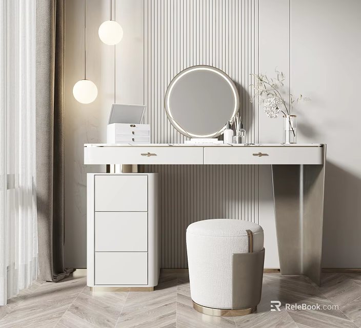 Elegant Vanity Table Design With Round Mirror Stool Pendant Lights And Decorative Vase 3d model 