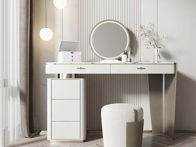 Elegant Vanity Table Design With Round Mirror Stool Pendant Lights And Decorative Vase 3d model