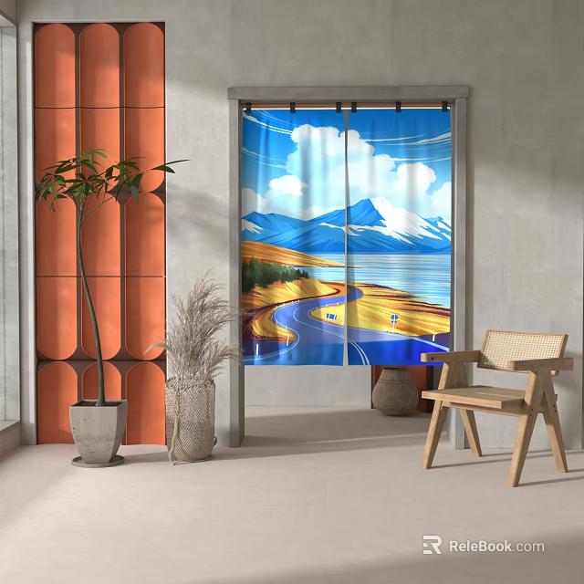 Scenic Curtain With Mountain Road Lake And Blue Sky In Living Room 3d model 