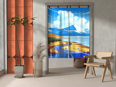 Scenic Curtain With Mountain Road Lake And Blue Sky In Living Room 3d model