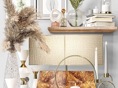 Elegant Home Decorative Ornament Set with Dried Pampas Grass Vases Table Lamp Candles and Books 3d model