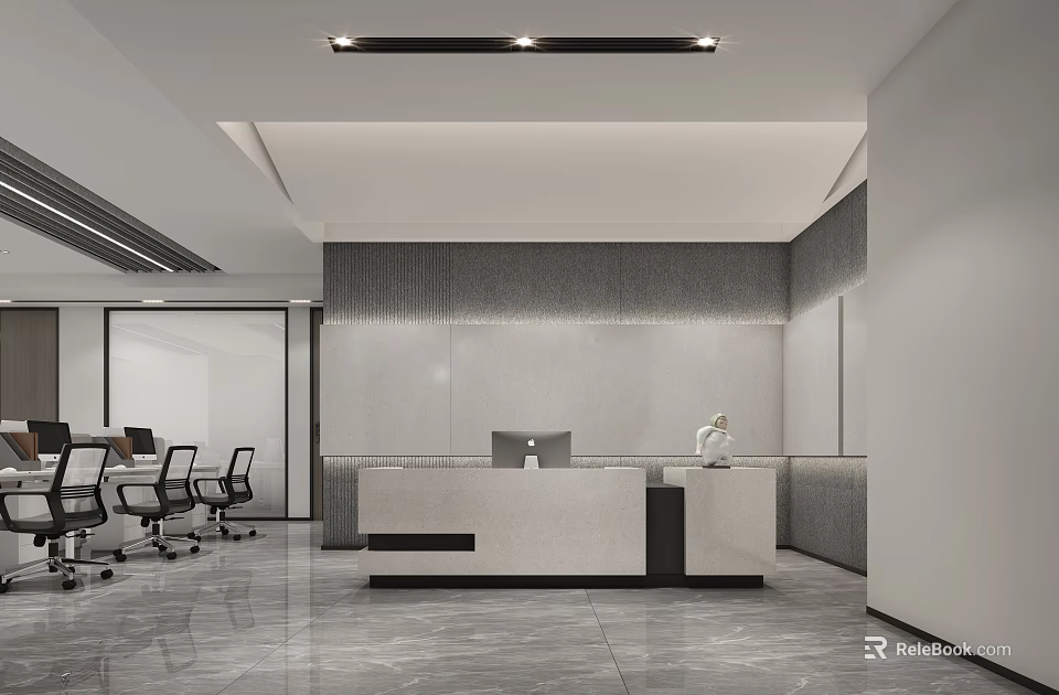 Modern Office Reception Desk With White Counter Gray Textured Wall And Computer 3d model 