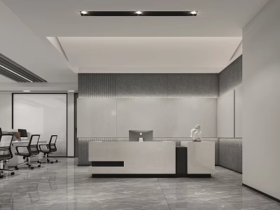 Modern Office Reception Desk With White Counter Gray Textured Wall And Computer 3d model