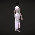 A Woman In Elegant Pink Cheongsam With Floral Patterns And White Shoes Against Black Background