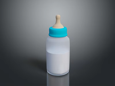 White Baby Bottle With Blue Cap And Wooden Nipple Containing Liquid For Feeding 3d model