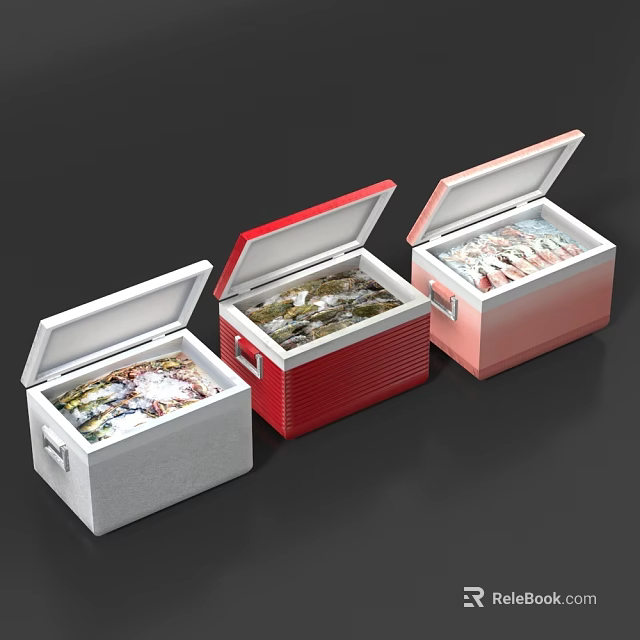 Colorful Open Top Freezer Cabinets Filled With Frozen Food Items 3d model 